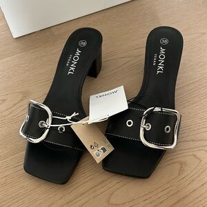 ASOS black, faux, leather belt strap heels